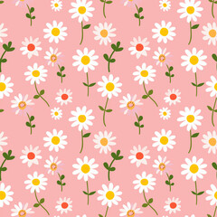 Cartoon seamless pattern with daisies on pink background.