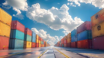 Fototapeta premium A large harbor dock filled with colorful shipping containers under a clear blue sky and fluffy white clouds. Generative AI.