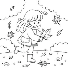 Cute girl is playing with autumn leaves outline coloring page. Thanksgiving hand drawn colouring