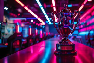 Shining Trophy in a Neon-Lit Gaming Arena