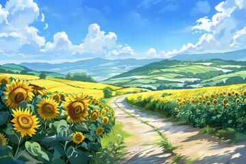 Fototapeta premium Sunflowers Field in Sunny Landscape