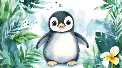 Naklejka premium Cute watercolor baby penguin with a background of tropical plants