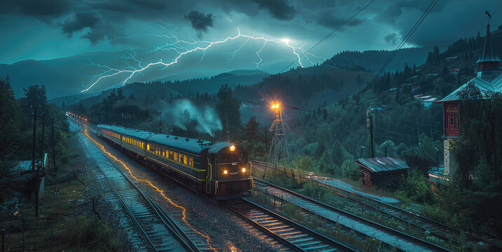 A train with lightning rods hit by lightning strikes on mountain, heavy rain, aerial view. Generative AI.