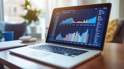 A sleek laptop open on a desk, displaying financial charts and graphs on the screen