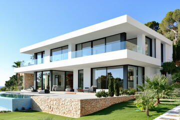 Lujosa Villa Mediterranea de dos plantas de lineas rectas, de color blanco,  con muro de piedra natural, con balcones, porche, piscina y jardin con cesped y arboles