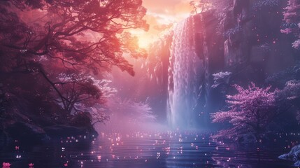 A mystical waterfall cascades down a cliff face, surrounded by vibrant pink trees and glowing lights.  The scene is bathed in ethereal light, creating a dreamlike atmosphere.