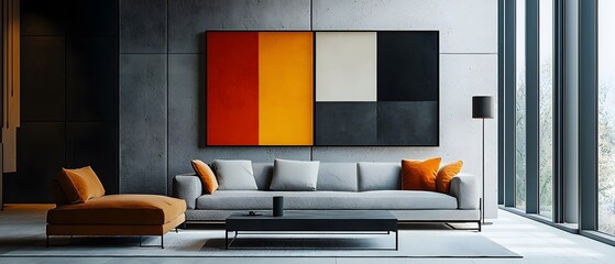 Hyper-realistic photo of a contemporary interior design, abstract color block paintings on the wall, minimalist furniture, striking color contrasts, high-end photography
