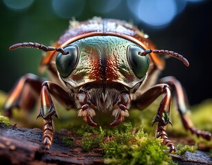 Close up of a metallic beetle with iridescent green and copper exoskeleton, showcasing its intricate details and textures against a blurred natural background