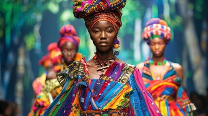 Vibrant fashion display showcasing diverse models in colorful attire, celebrating culture and creativity on the runway.