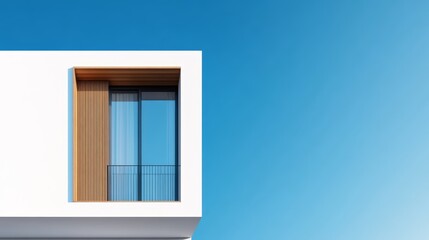 Modern facade, vertical window with wood detailing, sky in background, flat design illustration, high-resolution photo, realistic photo