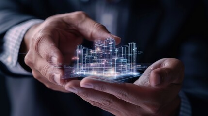 Hands Holding Virtual City Hologram