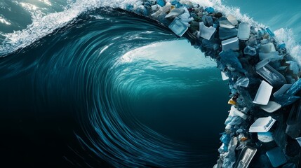 Ocean waves turning into plastic waste as they crash onto the shore, powerful depiction of pollution, realistic and striking, highlighting environmental problems