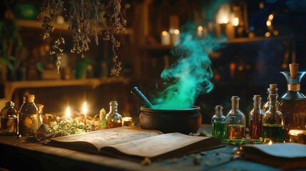 Detailed view of a potion crafting table with glowing bottles, mystical herbs, and a cauldron