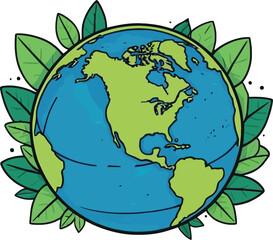 Earth globe with green leaves in cartoon style