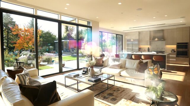 Modern living room with large windows, white sofa, and a view of a lush garden.