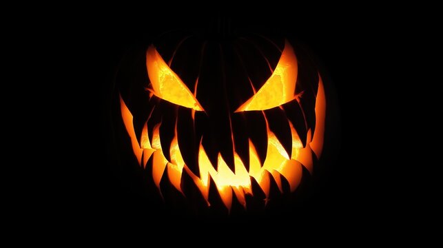 An intense jack-o'-lantern with evil eyes and sharp teeth glows ominously against a black background.