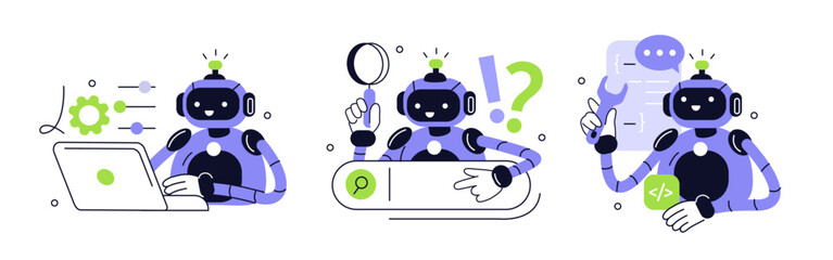 Robot character uses automation marketing tools, answer questions trough AI search technology and assist with coding. Artificial intelligence in business concept set. Vector illustration.