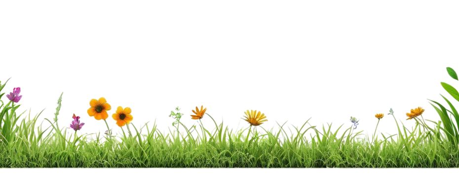 Green grass and flowers clump summer plants, longitudinal view, transparent background