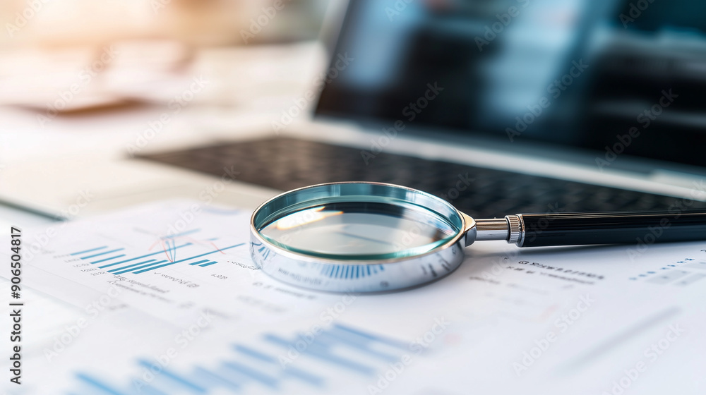 Canvas Prints closeup of magnifying glass on notebook device - focusing on website traffic data, graphs, and analy