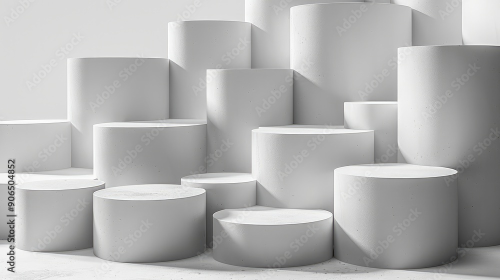 Aufkleber A group of white cylindrical blocks are stacked on top and arranged in an abstract and geometric pattern, clean background with soft lighting to highlight the minimalist design. Generative AI.