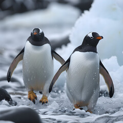 Fototapeta premium Two Gentoo penguins waddle side by side across an icy, rocky landscape. Their sleek, black and white plumage is accentuated by the cold, misty environment. The penguins appear to be on a journey, navi
