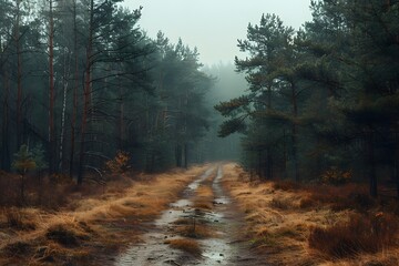 Obraz premium Serene Forest Pathway in Misty Wilderness