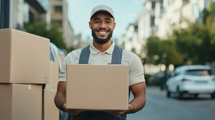 Smiling Young Courier in Uniform Carrying Box - Happy Delivery Man with Van Full of Orders, Shipping Job and Responsibility Photo