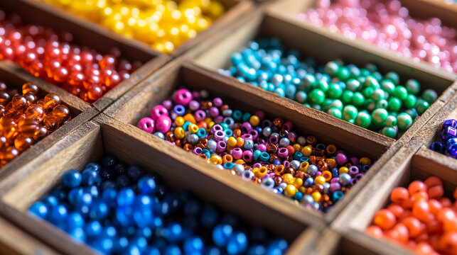 Kids' handmade beaded jewelry and a variety of multi-colored beads for children's needlework and crafts, neatly organized in boxes. DIY art activity for kids, enhancing motor skills, creativity, and h