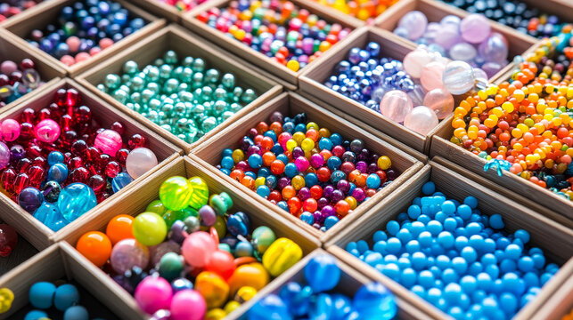 Kids' handmade beaded jewelry and a variety of multi-colored beads for children's needlework and crafts, neatly organized in boxes. DIY art activity for kids, enhancing motor skills, creativity, and h