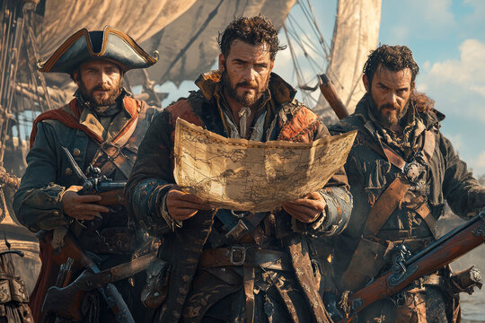 Explorers of the New World: Three Conquistadors Armed with Maps and Flintlock Guns