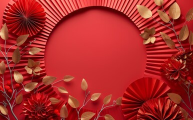 Obraz premium Red and gold paper fans on a vibrant red background with decorative leaves and flowers
