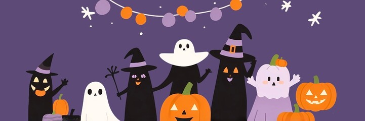 Funny Halloween with cute cartoon characters of ghosts and pumpkins. Illustration for design, banner, template, artwork, background, wallpaper