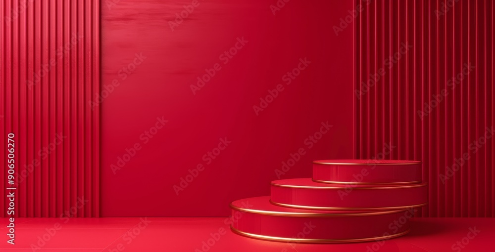 Poster red background with three red podiums in a minimalist abstract setting