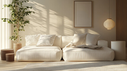 Obraz premium sofa and decorations in a Japandi room interior. 3D rendering.