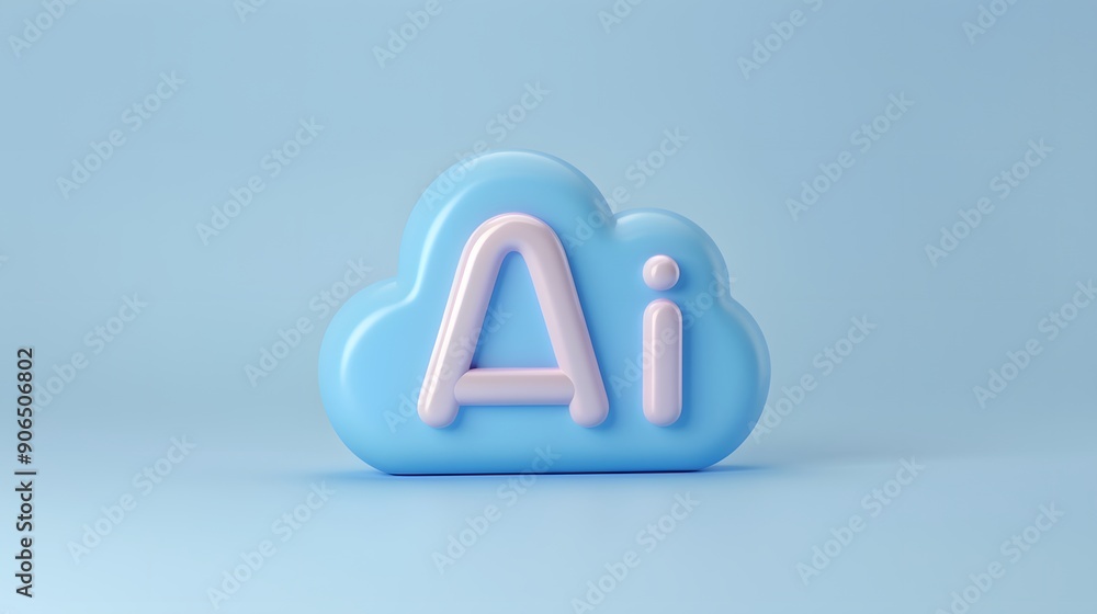 Poster 3d blue cloud icon with ai text in soft pastel colors, symbolizing artificial intelligence and cloud