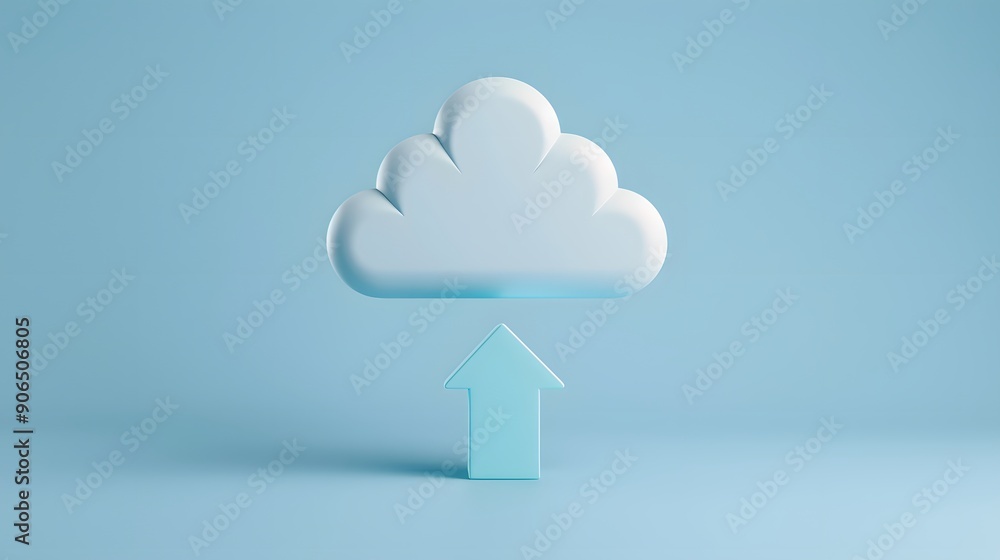 Poster 3d cloud and upward arrow representing cloud computing and data upload on a light blue background. m