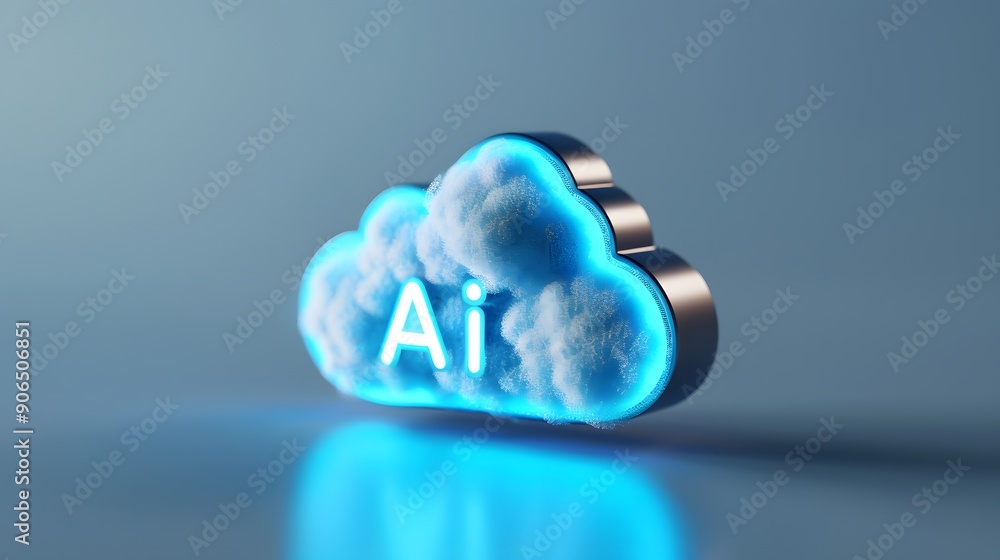 Poster 3d cloud icon with ai letters, representing artificial intelligence and cloud computing, set against