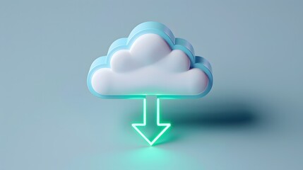 3D cloud concept with glowing download arrow. Modern digital technology and cloud storage visualization. Blue and white color theme.