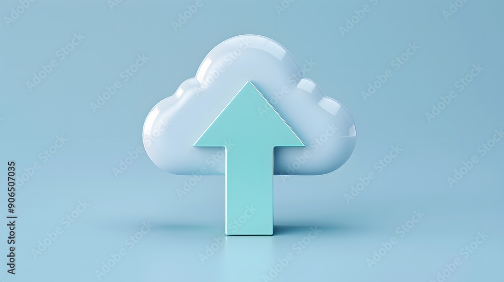 Poster 3d cloud icon with an upward arrow representing cloud computing, data upload, technology, and online