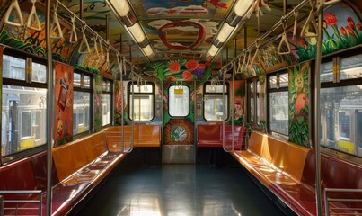 subway car decorated with folk art style paintings of flowers and animals, orange seats, and a painted ceiling. The paintings were in the style of folk art