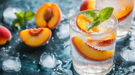 Fototapeta premium Refreshing ice water with peach slices and mint leaves