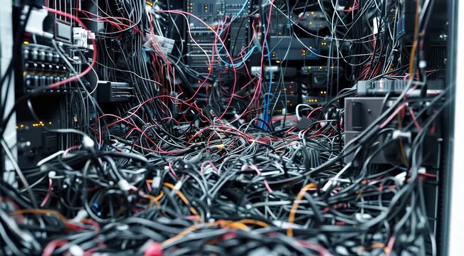 Tangled colorful cables and wires in a server room, highlighting the complexity of digital infrastructure.