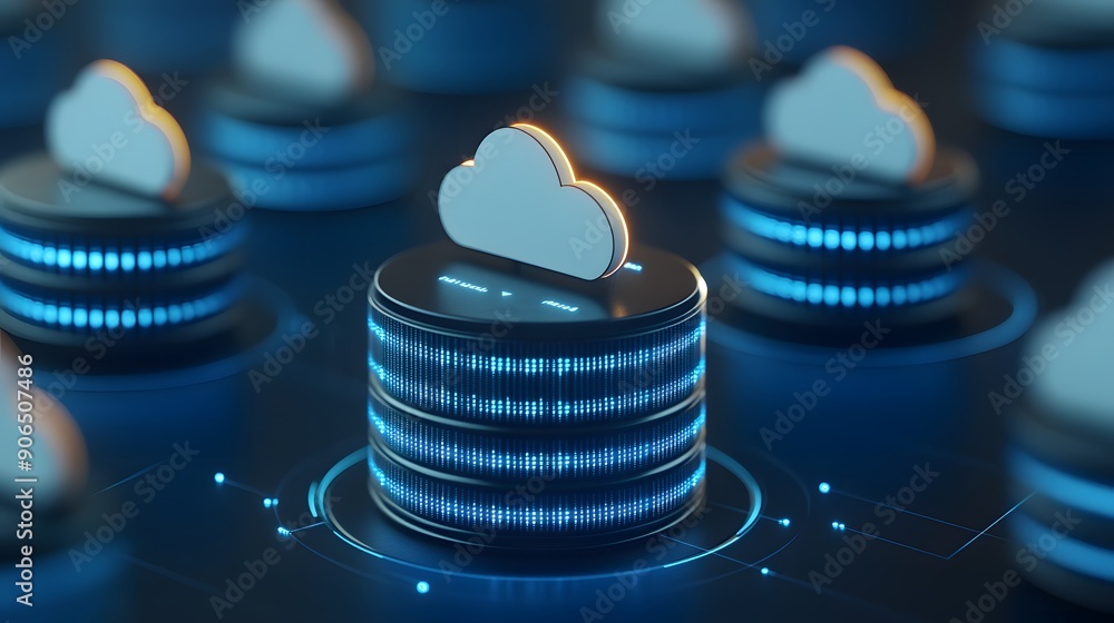 Poster 3D cloud storage servers with digital data processing in a futuristic blue light setting, representing networking and big data solutions.