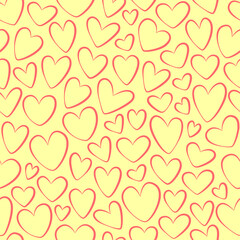 Seamless background of red hearts, stylized hearts of different shapes on a yellow background. Hearts for Valentine's Day. Vector illustration. Love and wedding symbols. Endless background of hearts