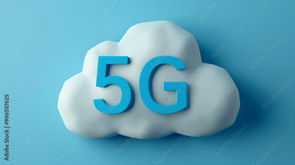 Poster 3d cloud with 5g text on blue background, representing advanced wireless communication and cloud com