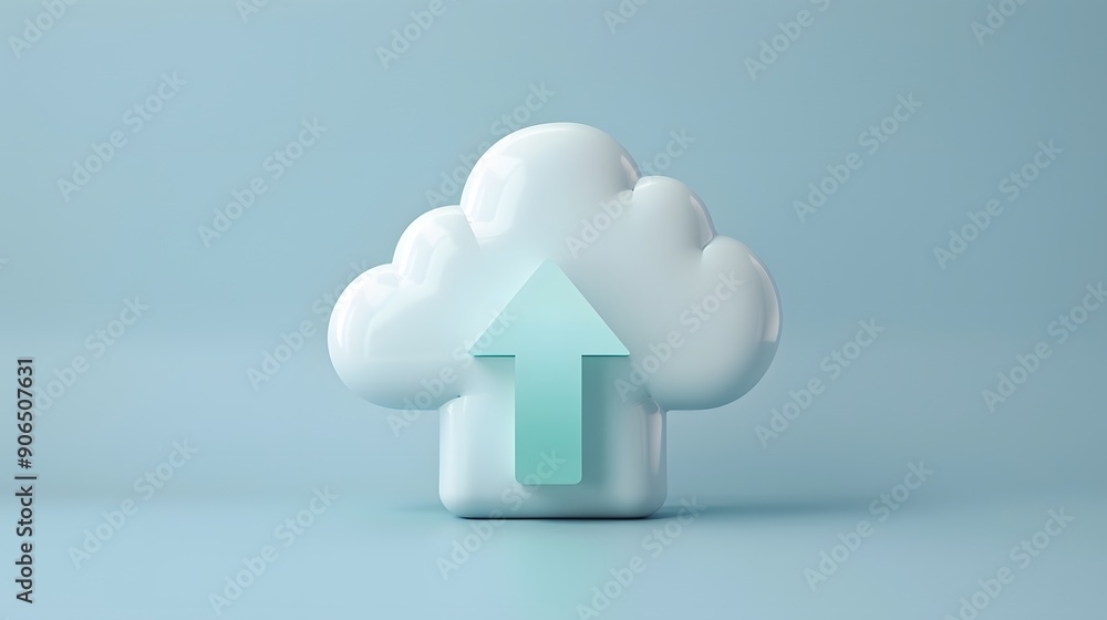 Aufkleber 3d cloud with an upward arrow, symbolizing cloud computing and data upload on a light blue backgroun