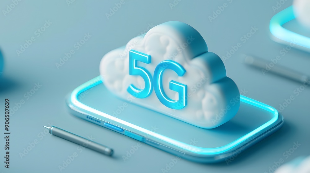 Aufkleber 3d cloud with 5g text on smartphone representing high-speed internet technology. futuristic concept 