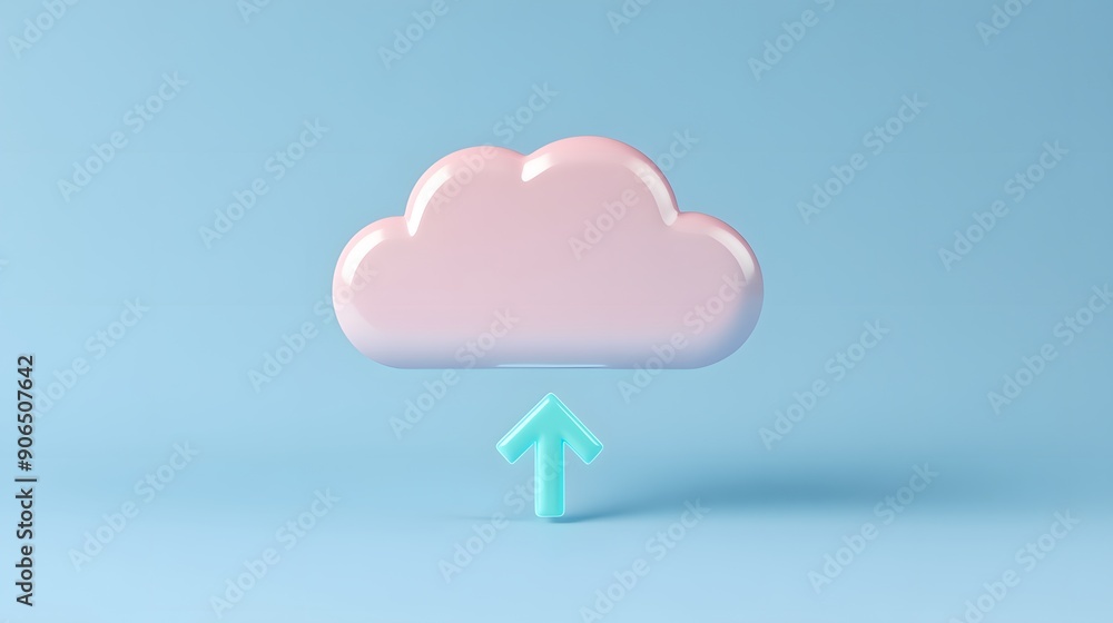 Poster 3d cloud with an upward arrow symbolizing data upload or cloud computing on a blue background. perfe