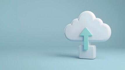 3D cloud with an upward arrow on a blue background symbolizing cloud computing, data storage, and file upload.