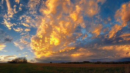 Yellow sunset light illuminating clouds against evening s blue sky